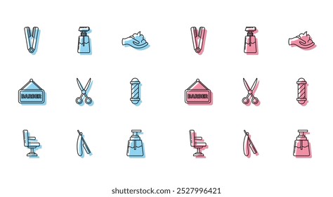 Set line Barbershop chair, Straight razor, Curling iron for, Aftershave, Scissors hairdresser, Classic pole,  and Cream lotion cosmetic tube icon. Vector