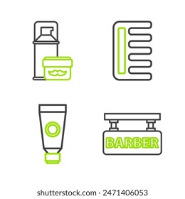 Set line Barbershop, Cream or lotion cosmetic tube, Hairbrush and Shaving gel foam icon. Vector