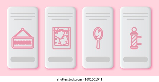 Set line Barbershop, Glass of whiskey and ice cubes, Hand mirror and Classic Barber shop pole. White rectangle button. Vector