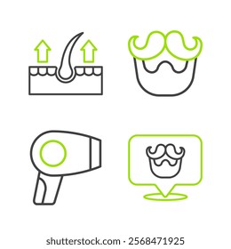 Set line Barbershop, Hair dryer, Mustache and beard and Human hair follicle icon. Vector