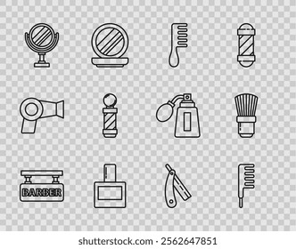 Set line Barbershop, Hairbrush, Aftershave, Round makeup mirror, Classic pole, Straight razor and Shaving icon. Vector