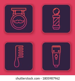 Set line Barbershop, Hairbrush, Classic Barber shop pole and Electrical hair clipper or shaver. Blue square button. Vector