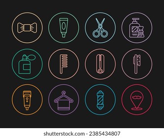 Set line Barbershop, Hairbrush, Scissors hairdresser, Aftershave bottle with atomizer, Bow tie, Curling iron for and Cream lotion cosmetic tube icon. Vector