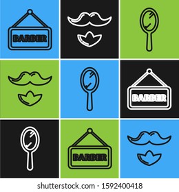 Set line Barbershop, Hand mirror and Mustache and beard icon. Vector
