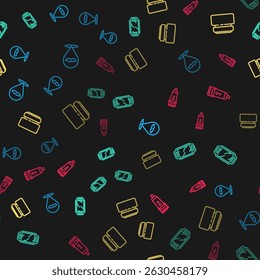 Set line Barbershop, Hand mirror, Cream lotion cosmetic tube and Electrical hair clipper shaver on seamless pattern. Vector