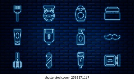 Set line Barbershop, Mustache, Bottle of shampoo, Electric razor blade for men, Cream lotion cosmetic tube, Hairbrush,  and  icon. Vector