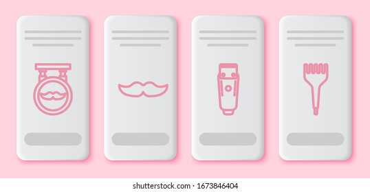 Set line Barbershop, Mustache, Electrical hair clipper or shaver and Hairbrush. White rectangle button. Vector