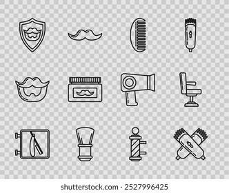 Barbería con navaja de afeitar, afeitadora eléctrica cruzada del cortador del pelo, cepillo de pelo, afeitado, bigote y barba en escudo, tarro cosmético de la loción de la crema, polo clásico e icono de la silla. Vector