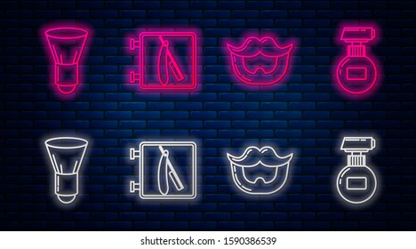 Set line Barbershop with razor, Mustache and beard, Shaving brush and Cream or lotion cosmetic tube. Glowing neon icon on brick wall. Vector