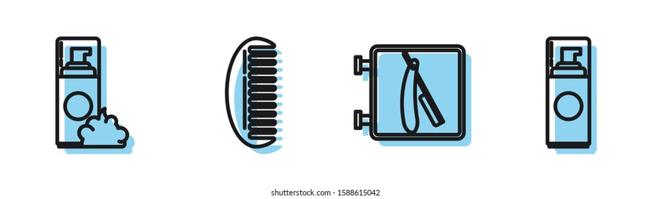 Set line Barbershop with razor, Shaving gel foam, Hairbrush and Shaving gel foam icon. Vector