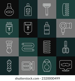 Set line Barbershop, Scissors hairdresser, Hair dryer, Shaving razor, Electric blade for men, Electrical clipper shaver, Beard and mustaches care oil bottle and gel foam icon. Vector