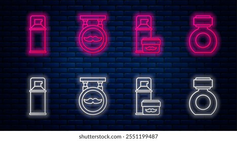 Set line Barbershop, Shaving gel foam, Shaving gel foam and Aftershave. Glowing neon icon on brick wall. Vector