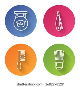 Set line Barbershop, Straight razor, Hairbrush and Shaving brush. Color circle button. Vector