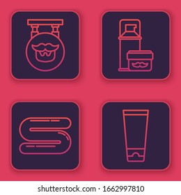 Set line Barbershop, Towel, Shaving gel foam and Cream or lotion cosmetic tube. Blue square button. Vector