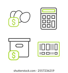 Set line Barcode, Carton cardboard box with price, Calculator and Price tag for egg icon. Vector