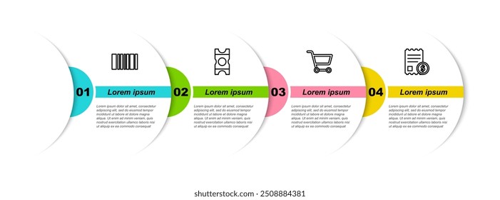 Establecer línea de código de barras, Cupón, Carrito de compras y papel cheque y cheque financiero. Plantilla de infografía de negocios. Vector