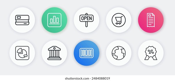 Set line Barcode, Financial check, Pie chart infographic, Worldwide, Shopping cart, Hanging sign with text Open, Discount percent tag and Bank building icon. Vector