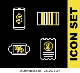 Establecer código de barras de línea, cheque de papel y cheque financiero, etiqueta de porcentaje de descuento y Smartphone con icono de dólar. Vector