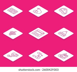 Set line Barcode, Price tag for pear, Steak meat, Grape fruit, Online ordering and delivery, Hanging sign with Open, Security camera and fish icon. Vector