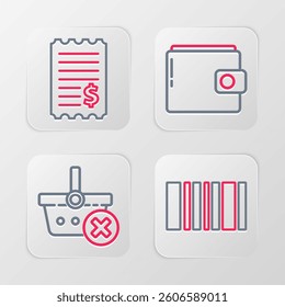 Set line Barcode, Remove shopping basket, Wallet and Paper check and financial check icon. Vector