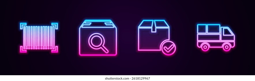 Set line Barcode, Search package, Package box with check mark and Delivery truck boxes. Glowing neon icon. Vector