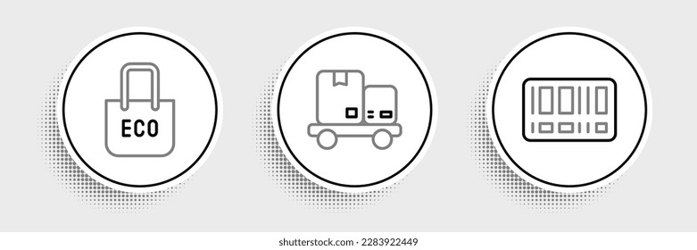 Set line Barcode, Shopping bag with recycle and Hand truck and boxes icon. Vector
