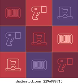 Set line Barcode, Shopping cart on screen laptop and Scanner scanning bar icon. Vector