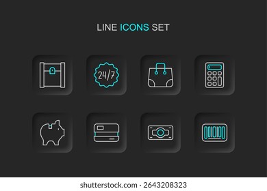 Set line Barcode, Stacks paper money cash, Credit card, Piggy bank, Calculator, Paper shopping bag, Clock 24 hours and  icon. Vector