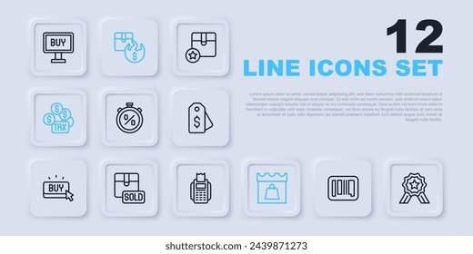 Set line Barcode, Stars rating, Stopwatch percent discount, Shopping day, Tax payment, Sold, Hot price and POS terminal icon. Vector