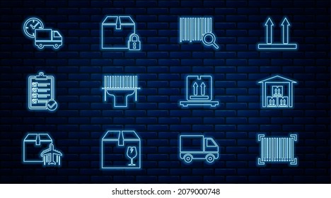 Set line Barcode, Warehouse, Search barcode, Scanner scanning, Verification of delivery list, Delivery truck and clock, Cardboard boxes pallet and Locked package icon. Vector