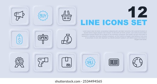 Set line Barcode, Worldwide, Hanging sign with text Open, Price tag Sale, dollar, Scanner scanning bar, Buy button and Carton cardboard box icon. Vector