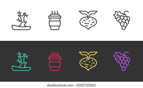 Set line Árbol desnudo, taza de café para llevar, remolacha y fruta de uva en blanco y negro. Vector