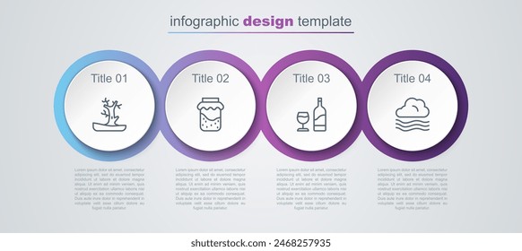 Set line Bare tree, Jam jar, Wine bottle with glass and Windy weather. Business infographic template. Vector