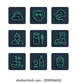 Set line Bare tree, Wine bottle with glass, Coffee cup to go, Kite, Jar honey and dipper stick, Autumn clothes, Sun cloud weather and Waterproof rubber boot icon. Vector