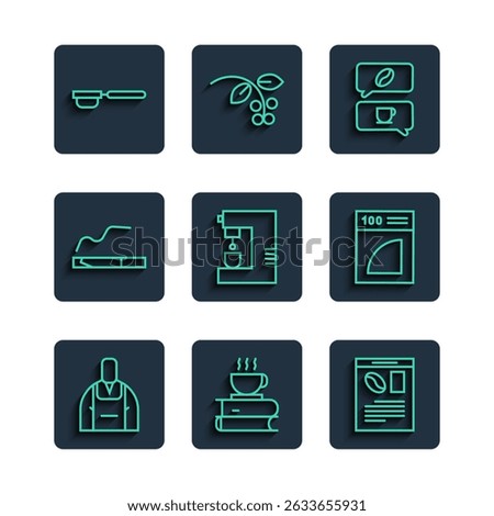 Set line Barista, Coffee cup and book, Newspaper coffee, conversation, machine, Cigarette, filter holder and  icon. Vector