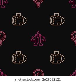 Set line Barometer, Jet engine turbine and fighter on seamless pattern. Vector