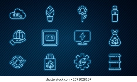 Set line Barrel, Garbage bag with recycle, Leaf plant in gear machine, Electrical outlet, Hand holding Earth globe, CO2 emissions cloud, Lightning bolt and bulb leaf icon. Vector