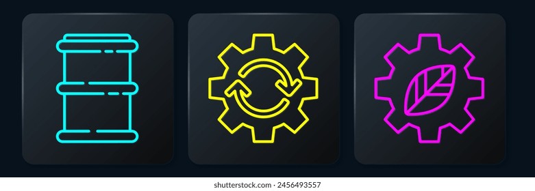 Set line Barrel, Leaf plant in gear machine and Gear and arrows as workflow. Black square button. Vector