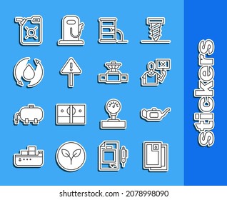 Set line Barrel oil, Canister for motor, Nature saving protest, leak, Exclamation mark triangle, Oil drop,  and Industry pipe and valve icon. Vector
