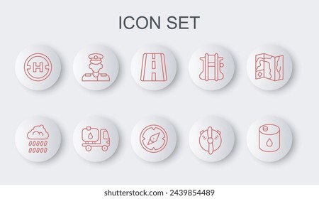 Set line Barrel oil, Cloud with rain, Airport runway, Plane propeller, Helicopter landing pad, Pilot, Fuel tanker truck and Compass icon. Vector