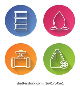 Set line Barrel oil, Oil drop, Industry metallic pipes and valve and Antifreeze canister. Color circle button. Vector