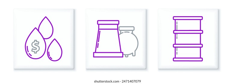 Set line Barrel oil, Oil drop with dollar symbol and and gas industrial factory building icon. Vector