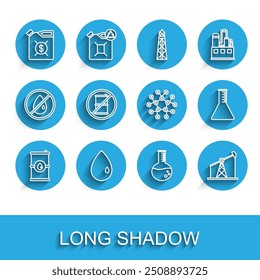 Set line Barrel oil, Oil drop, Canister for motor machine, petrol test tube, pump pump jack, No barrel gasoline,  and Molecule icon. Vector