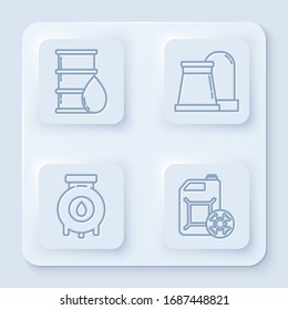 Set line Barrel oil, Oil and gas industrial factory building, Oil and gas industrial factory building and Antifreeze canister. White square button. Vector