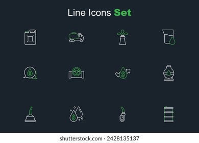 Set line Barrel oil, Gasoline pump nozzle, Oil drop with dollar symbol, Canister for motor machine, tank storage, price increase, pipe valve and  icon. Vector