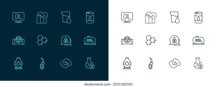 Set line Aceite de barril, boquilla de bomba de gasolina, gota de aceite con símbolo de dólar, nube de emisiones de CO2, molécula, tubo de ensayo de gasolina, palabra y icono de fábrica industrial de gas. Vector