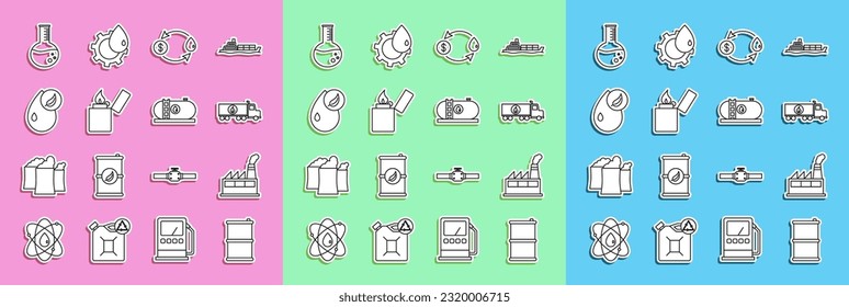 Set line Barrel oil, Oil industrial factory building, Tanker truck, exchange, Lighter, Bio fuel, petrol test tube and  icon. Vector