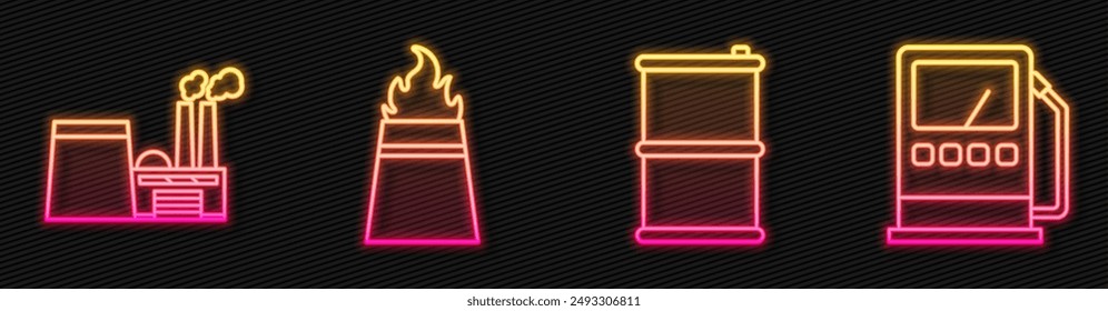 Set line Barrel oil, Oil industrial factory building, Oil rig with fire and Petrol or gas station. Glowing neon icon. Vector