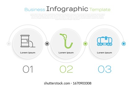 Set line Barrel oil leak, Gasoline pump nozzle and Oil railway cistern. Business infographic template. Vector