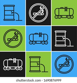 Set line Barrel oil leak, Oil railway cistern and No Smoking icon. Vector